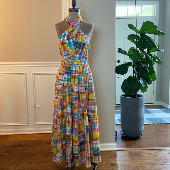 STAUD Dresses & Skirts - STAUD + Birkenstock set, Kai halter top, tiered maxi skirt,madras plaid, size 6
